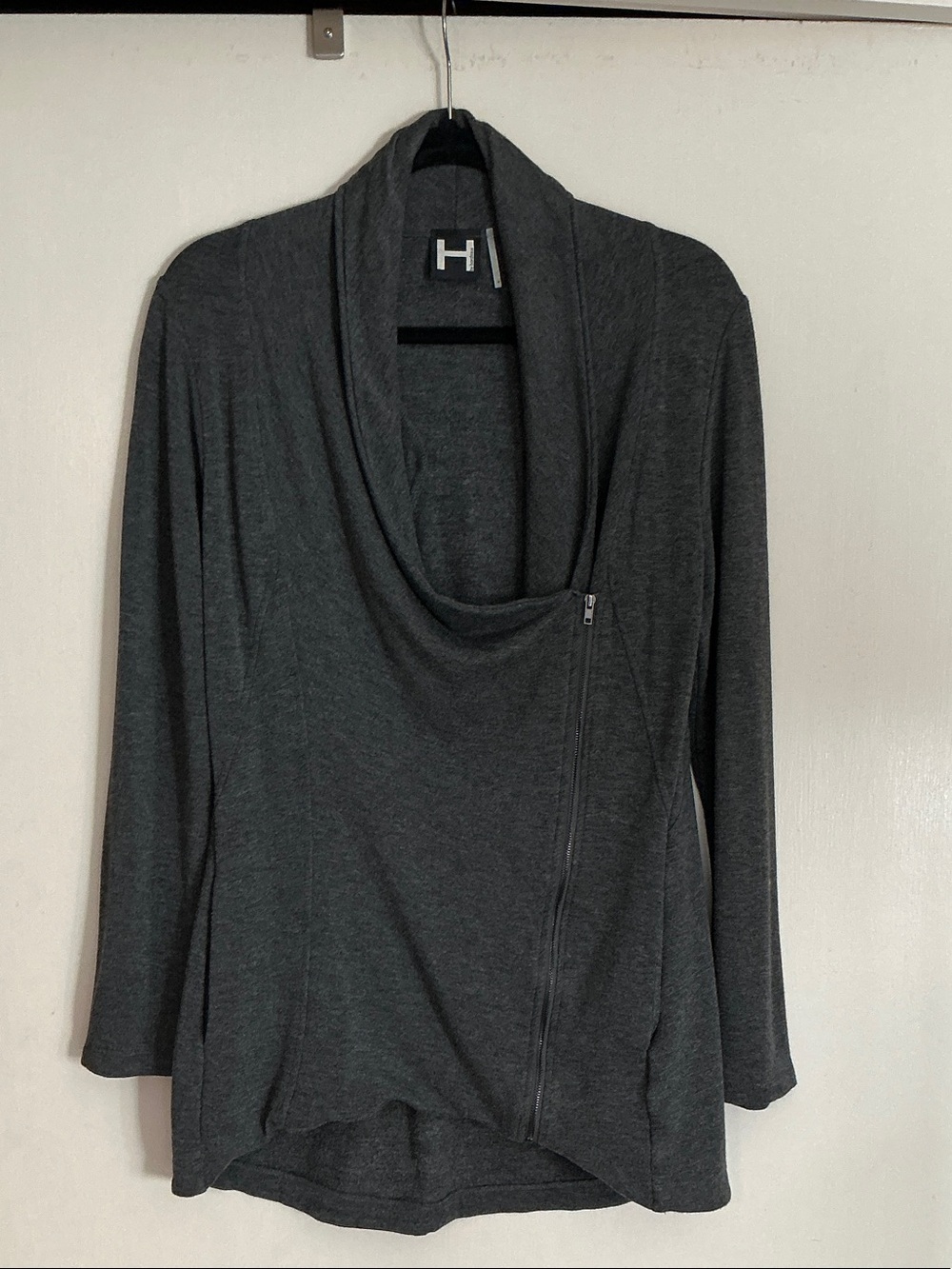 H by bordeaux Charcoal Asymmetrical Zip Cowl Neck Jacket
